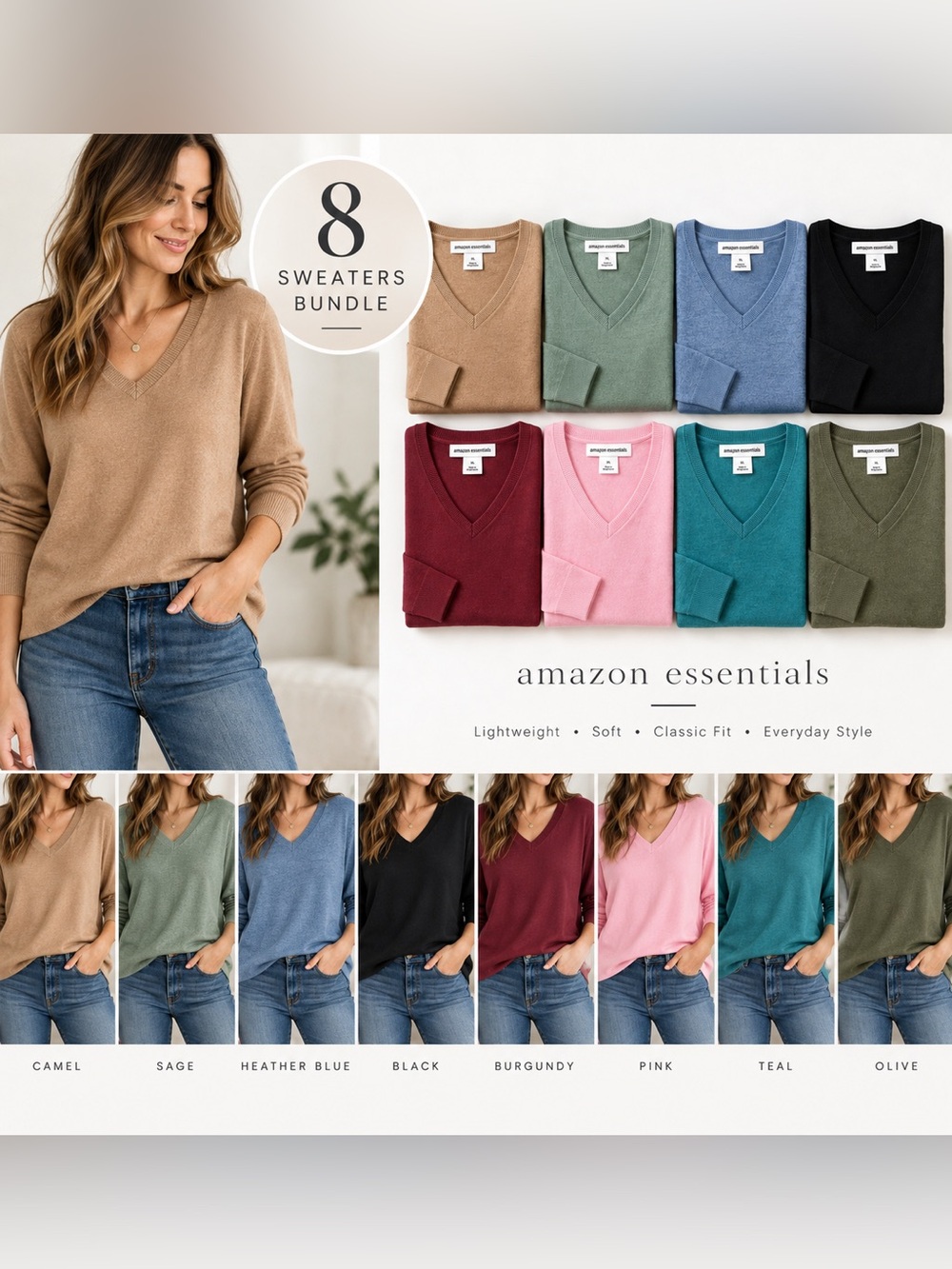 8 Piece Color Bundle Amazon Essentials Women’s XL V Neck Sweaters